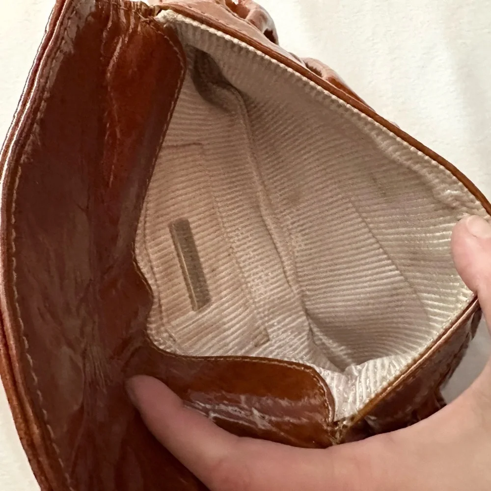 Lauren Merkin Caramel Cognac Brown Clutch Purse Envelope Closure Shiny Chic